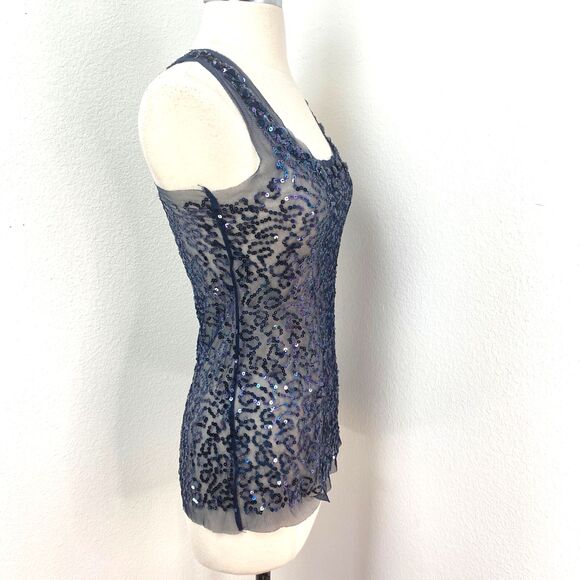 Twenty One Dark Blue Sheer Sequin and Beaded Tank Top Small Sexy Party Festival - Picture 7 of 9
